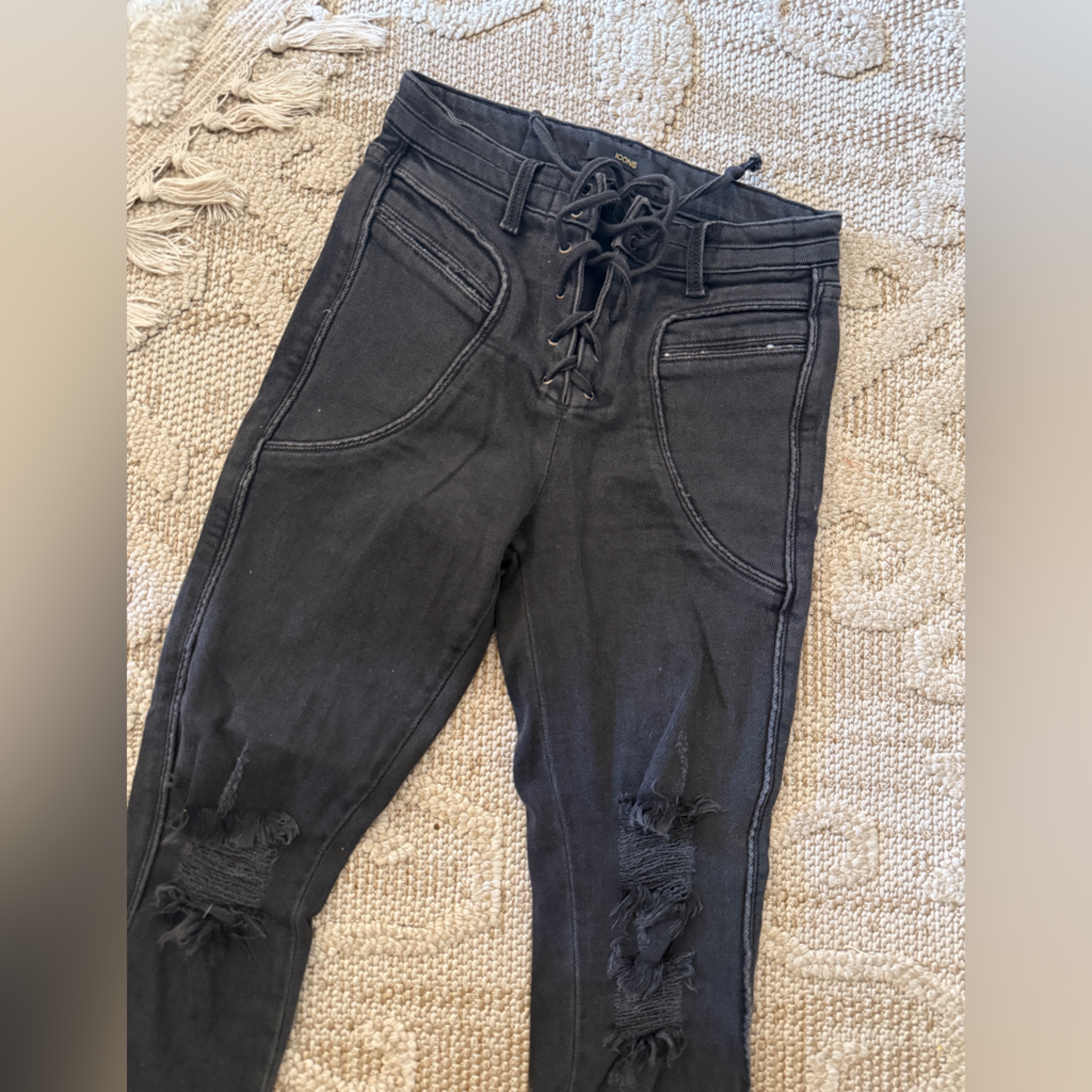 Icons Black Denim Jeans Pants Skinny Stretch Front Lace Women’s Sz 24